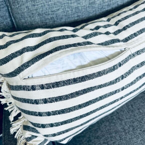 Bless This Nest Farmhouse Boho Modern Fringe Stripe Throw Pillow - Picture 3 of 3